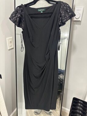 Lauren Ralph Lauren Black Midi Dress with Sequin Puff Sleeves